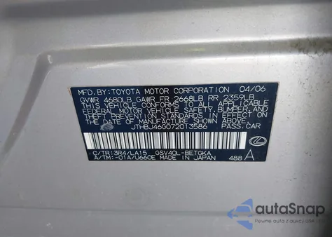 2007 Lexus Es 350 from USA, damaged, VIN JTHBJ46G072013586